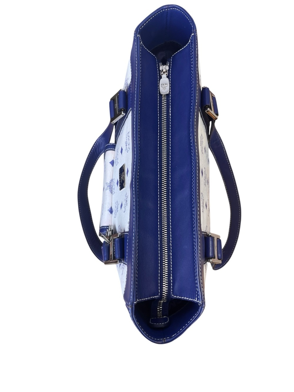 MCM White Navy Blue Visetos Monogram Leather Tote Bag Authentic with Charms - Picture 6 of 16